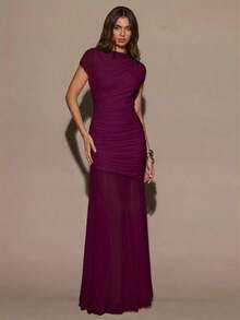 Vestido ajustado de cuello redondo sin mangas con fruncido en color borgoña, vestido elegante de Venus adecuado para vacaciones, fiestas, Navidad, citas, cumpleaños, otoño/invierno - Rojo violeta - Ver 3
