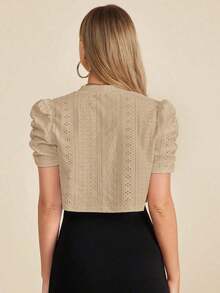 Clasi Chaqueta corta de mujer elegante con mangas cortas de encaje y botones delanteros para la oficina en otoño/invierno - Caqui - Ver 2