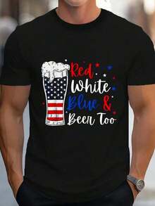 100% Cotton T-Shirt With Fun 4th Of July Graphic Print: Red, White, Blue And Beer, For Men And Women, Casual Style - màu đen - Xem 1