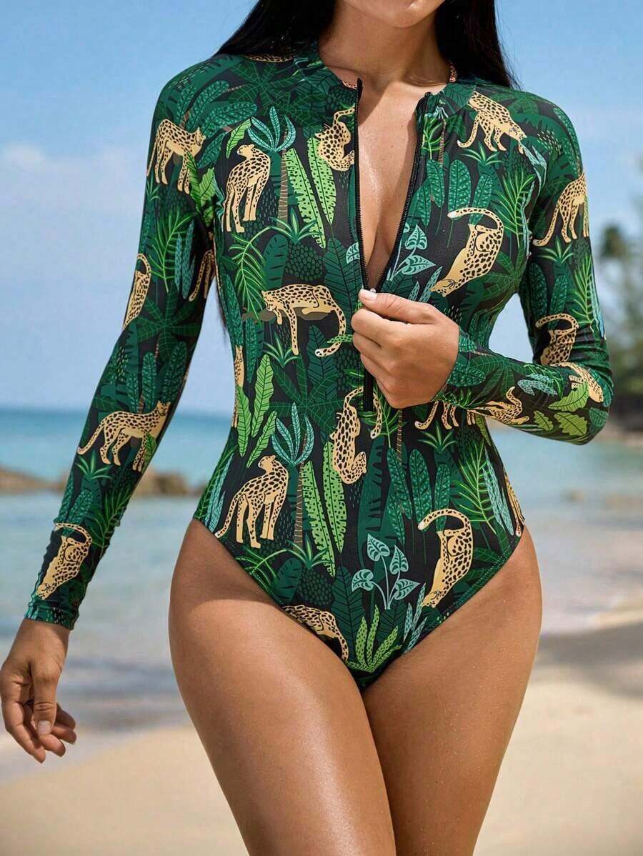 Bañador informal de manga larga con estampado de plantas tropicales para mujer, vestido de playa para vacaciones - Verde - Ver 1