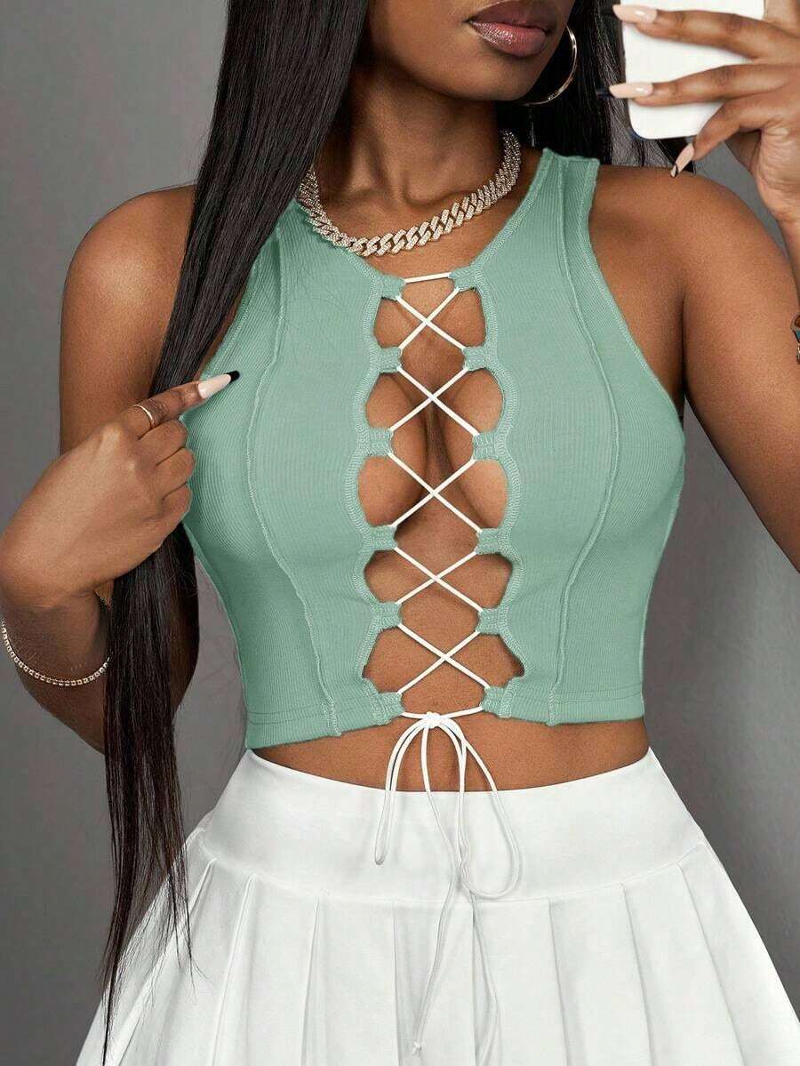 Top corto sin mangas con contraste de color acanalado, estilo casual básico, deportivo, sexy y de calle Y2K para mujeres - verde menta 2 - Ver 1