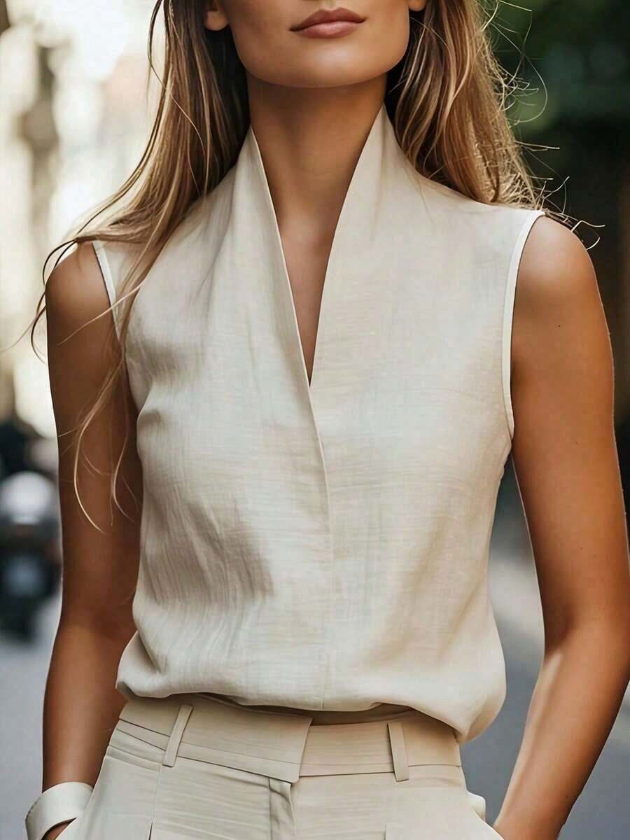 Camiseta sin mangas casual/de trabajo para mujer, estilo europeo y americano, ropa de ocio elegante en beige, azul, rosa, verde para el verano - Albaricoque - Ver 1