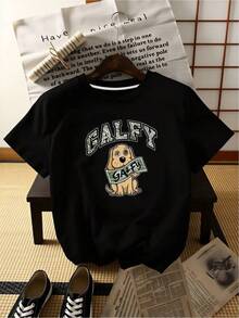 2026 new Camisetas Para Mujer Camiseta divertida con diseño de perro, estilo urbano, algodón suave, ajuste cómodo, ideal para jóvenes, talla S/M/L/XL, color negro, moda casual,  actuales. - Negro - Ver 6