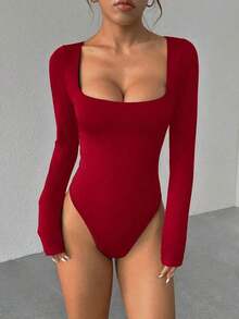 Unity Body de manga larga para mujer, color marrón, ajuste ceñido, minimalista, versátil para ir al trabajo - Burdeos 2 - Ver 6