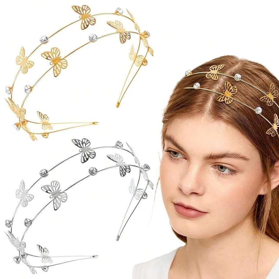 1pc Fashionable Metal Headband With Rhinestone Embellished Double-Layer Butterfly Flower Hair Hoop, Sparkling Elegant Hair Accessory For Women Hairband