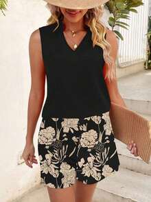 Conjunto de chaleco suelto de cuello en V sólido casual de primavera y verano y pantalones cortos estampados florales - Negro - Ver 3