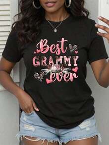 Women's T-Shirt With Mom And Grandma Print - Soft, Micro-Stretch Fabric, Positioned Letter Print, Casual Short-Sleeve T-Shirt For Spring And Summer, Machine Washable, Regular Fit, Knit Fabric, Women's Clothing For Everyday Wear And Gifts. Simple Solid Color T-Shirt, Breathable And Comfortable, Casual T-Shirt For Everyday Wear. - 黑色 - 查看 1