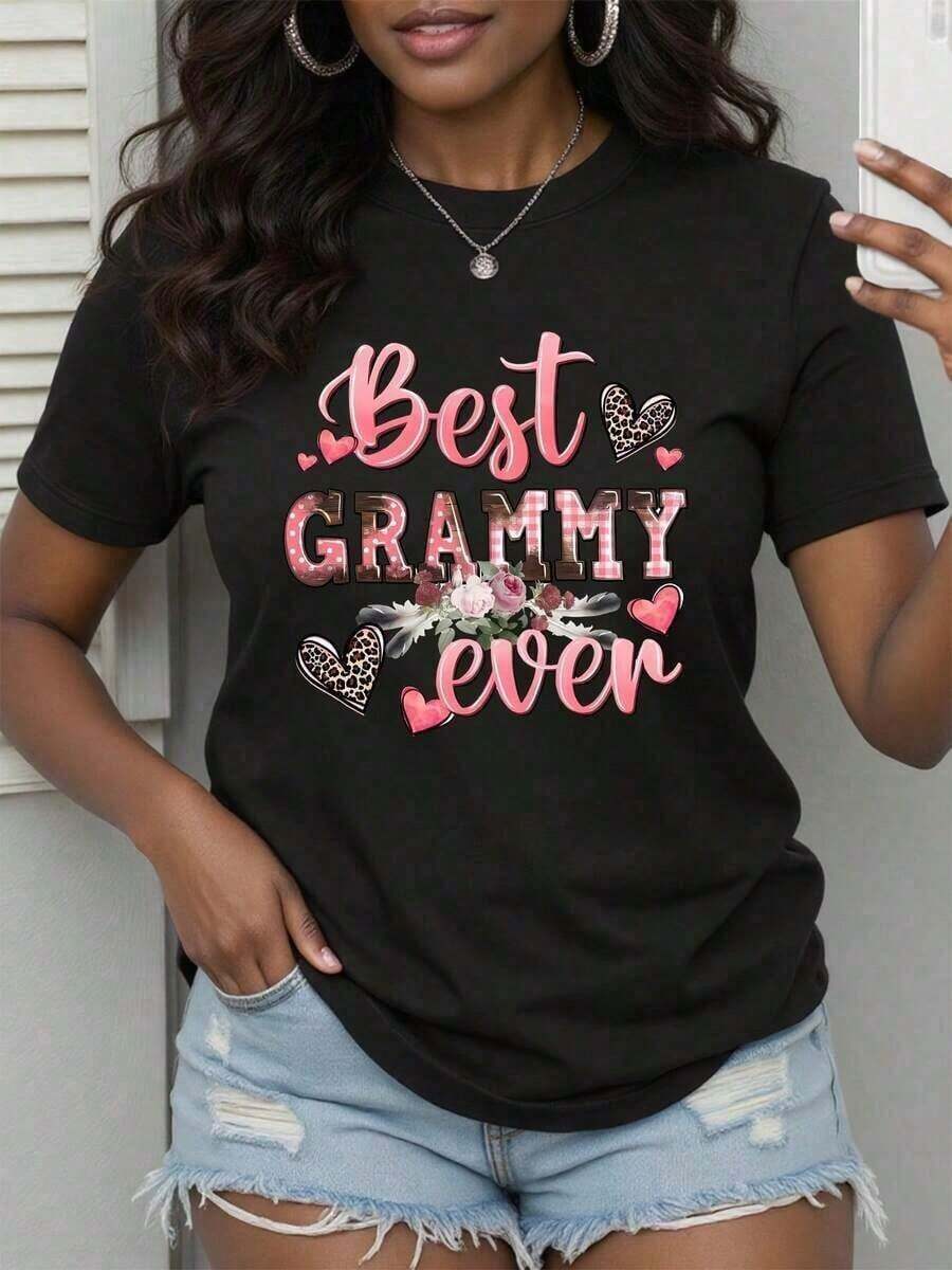 Women's T-Shirt With Mom And Grandma Print - Soft, Micro-Stretch Fabric, Positioned Letter Print, Casual Short-Sleeve T-Shirt For Spring And Summer, Machine Washable, Regular Fit, Knit Fabric, Women's Clothing For Everyday Wear And Gifts. Simple Solid Color T-Shirt, Breathable And Comfortable, Casual T-Shirt For Everyday Wear. - 黑色 - 查看 1