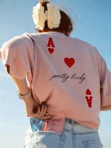 Fashionable Women's T-Shirt, Cute Poker Letter And Heart Print, Soft And Comfortable Fabric, Loose And Casual Fit, Y2K Aesthetic Round Neck And Short Sleeves, Suitable For Valentine's Day, Dates, Going Out With Friends, Spring/Summer Casual Wear, Shopping Trips In Pink - 羅莎 - 查看 5