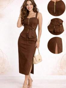 Two-Piece Set: Tank Top With Zipper + Long Skirt With Side Slit, Elegant And Chic. - Rust Brown - View 2