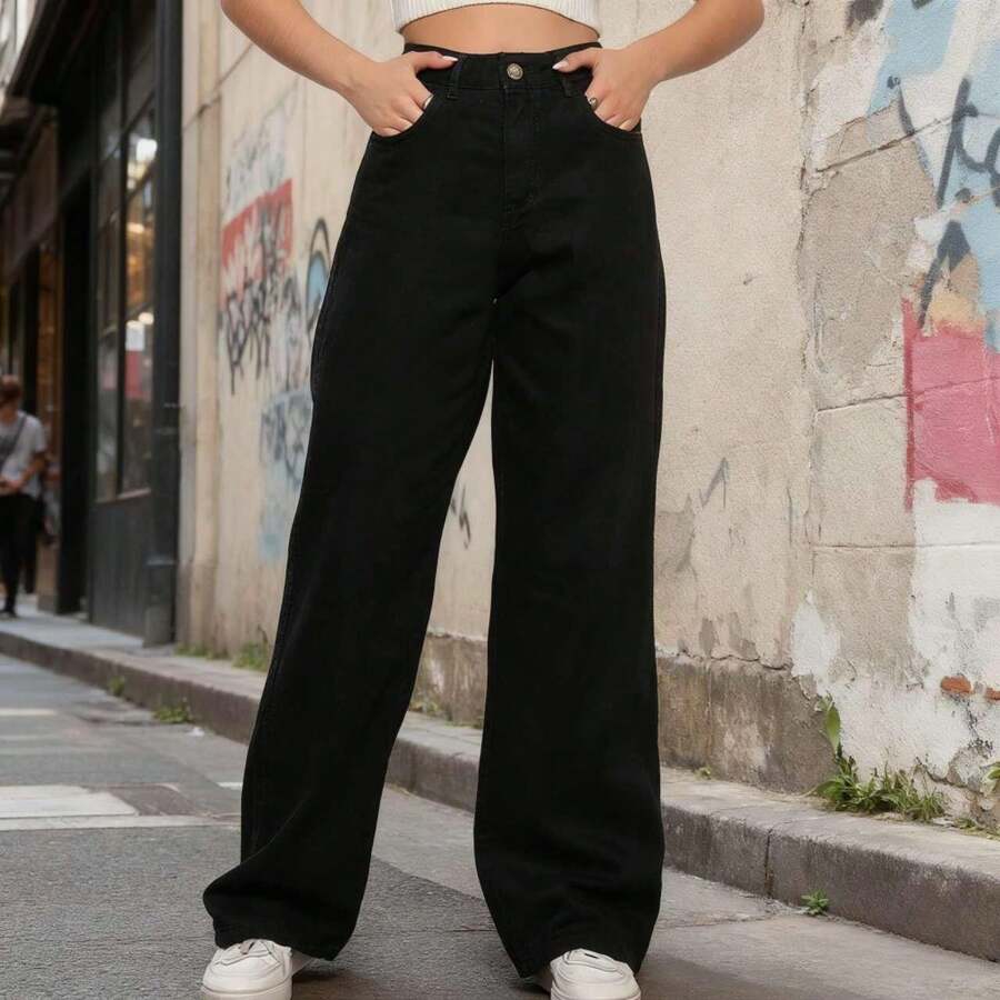Women's Wide Leg Jeans, High Waist, Butt Lifting Design - 黑色 - 查看 1