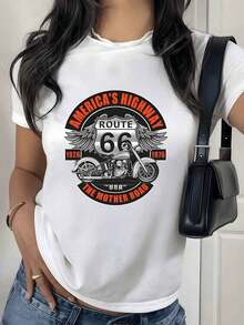 100% Cotton  With Classic Motorcycle, Symbol Of Freedom And Adventure On The American Road. Women's T-Shirt, 100% Cotton, Comfortable And Modern. Women's Simple Solid Color T-Shirt, Loose And Slim Fit Casual Short Sleeve - 白色的 - 查看 1
