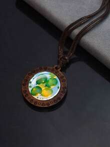 1PC Four Leaf Clover Patterned Dome Glass Inlaid Wooden Pendant Necklace, Paired With Woven Rope Chain, Retro Texture Design, Suitable For Daily Wear Or As A Holiday Gift. - Chocolate Brown - View 6