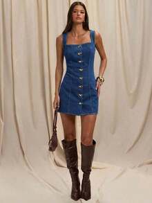 Women Denim Dresses - Medium Wash Blue - View 3