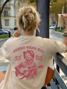 Camiseta de mujer estilo vaquero occidental con estampado de guitarra y Honky Tonk, corte holgado, cuello redondo, manga corta, estilo casual urbano, estilo vintage de verano, unisex, de algodón, manga corta, cuello redondo, blusas para mujer. blusas.blusas casuales para dama. - Albaricoque - Ver 3