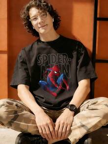 Spider Man Action Pose Print Graphic T Shirt 100 Percent Cotton T Shirts For Men MARVEL Marvel Universe Superhero Men's Summer Outfits Men's Clothes Mens Tops Streetwear Mens Gift Ideas Innerwear Or Outfits,Mens Fashion - màu đen - Xem 4