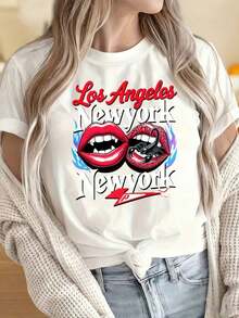 Camisetas para Mujer y Hombre con Cuello Redondo y Mangas Cortas, Diseño de Labios de Los Ángeles y Nueva York, Camiseta Negra para Mujer, Camiseta Gráfica de Moda, Ropa Casual de Calle, Estampados Divertidos Ideales para Fiestas de Navidad, Actividades Deportivas, Fiestas de Vacaciones, Salidas, Deportes y Otros Regalos Festivos. - Blanco - Ver 1