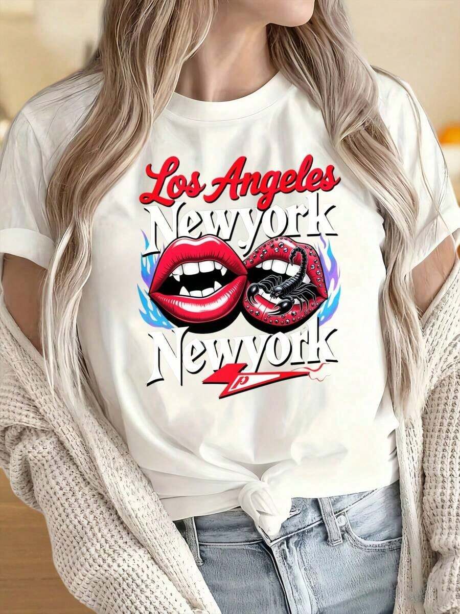 Camisetas para Mujer y Hombre con Cuello Redondo y Mangas Cortas, Diseño de Labios de Los Ángeles y Nueva York, Camiseta Negra para Mujer, Camiseta Gráfica de Moda, Ropa Casual de Calle, Estampados Divertidos Ideales para Fiestas de Navidad, Actividades Deportivas, Fiestas de Vacaciones, Salidas, Deportes y Otros Regalos Festivos. - Blanco - Ver 1
