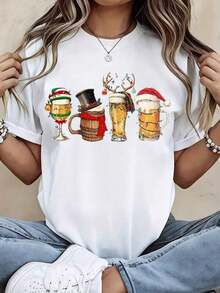 Women's Short Sleeve Crew Neck T-Shirt With Christmas Beer Mug Print With Hats And Decorations S-3XL Fashionable, Comfortable And Breathable, Machine Washable - 白色 - 查看 1