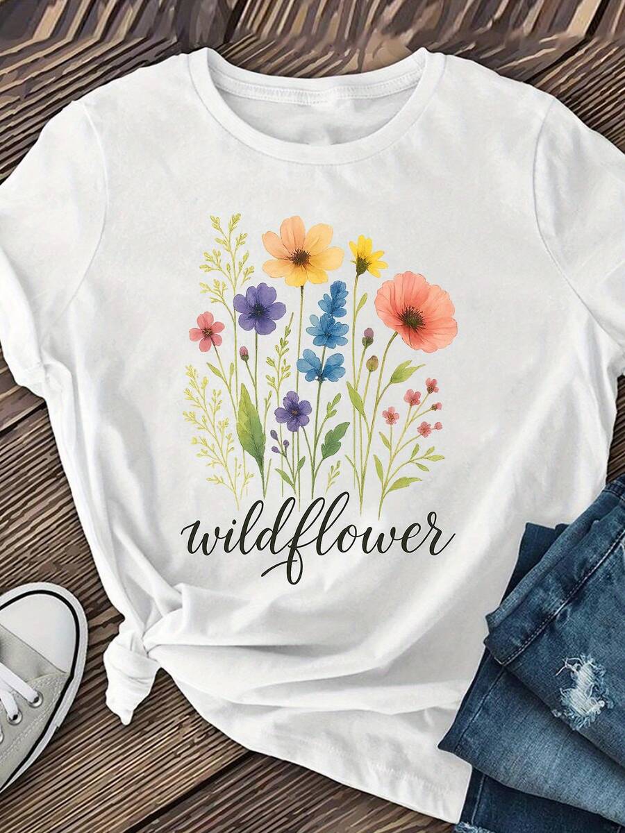 Women's T-Shirt With Beautiful Floral Print, Short Sleeve, Women's Clothing, Casual Short Sleeve T-Shirt, Women's Apparel. - 白色 - 查看 1