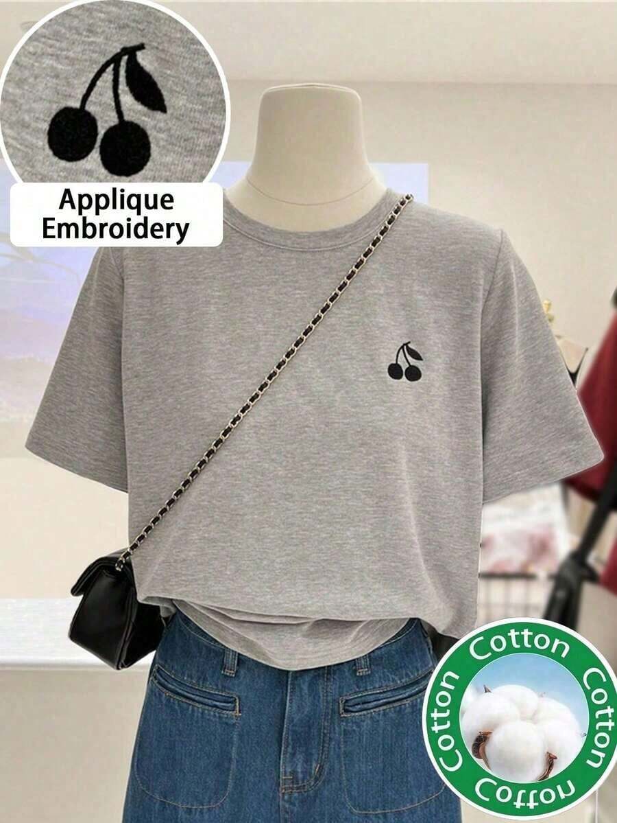 Women's Crew Neck T-Shirt With Men's Embroidered Print - Casual Crew Neck Top - Lightweight T-Shirt Suitable For All Seasons - 黑色 3 - 查看 1