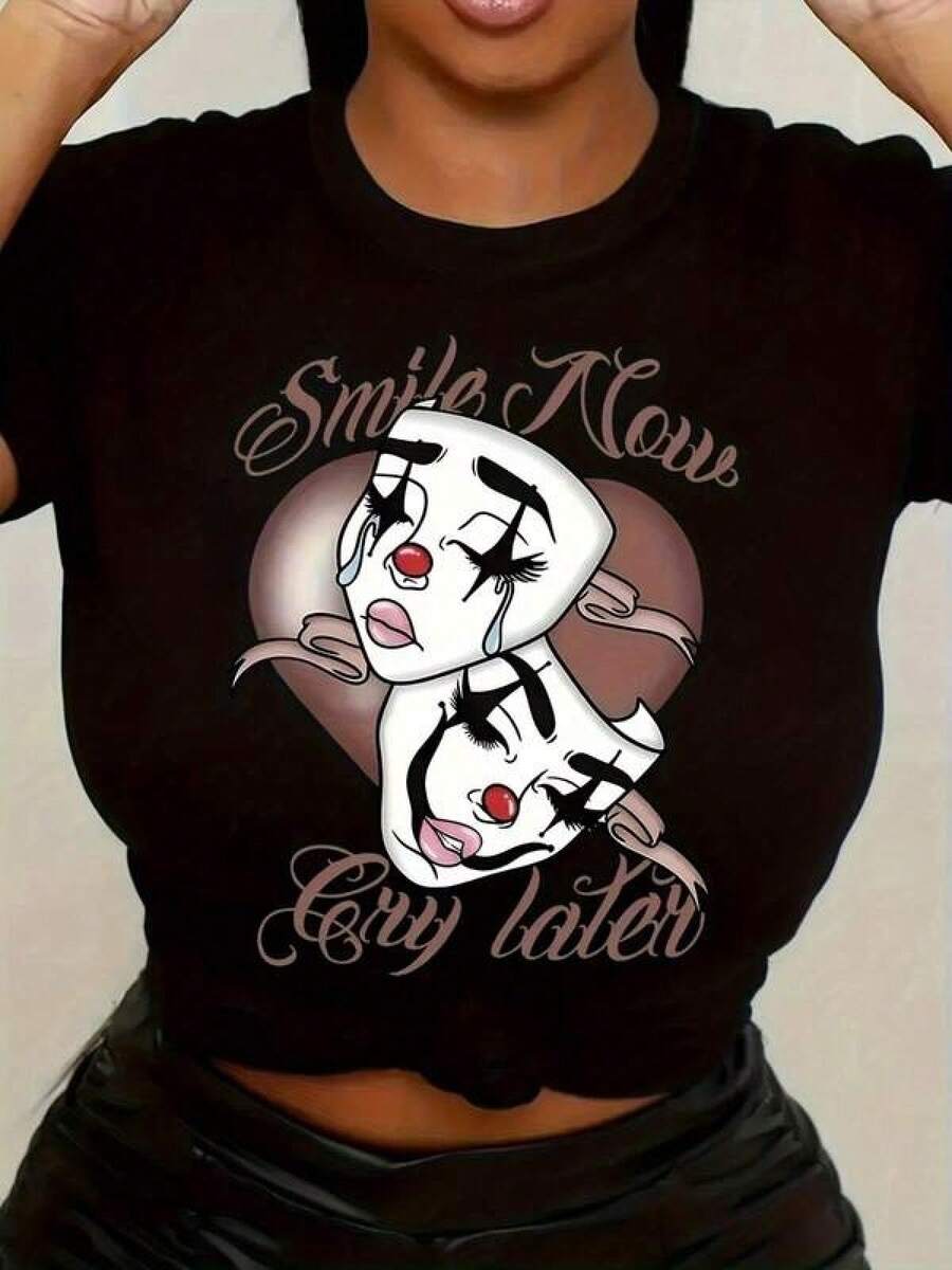 New 2026 Camisetas Para Mujer,Camiseta gráfica única mujer estilo urbano diseño creativo máscaras teatrales perfecta para casual días relajados con amigos talla M color negro moda popular comodidad diaria ropa moderna  actual. - Negro - Ver 1