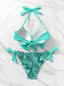 Conjunto de bikini de dos piezas de cobertura completa con aros de realce, liso, para playa de verano - verde menta - Ver 2