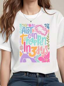 Easter Floral Print T-Shirt, Casual Style, Colorful Design With Cross, Crown And Eggs For Women, Clothing For Spring Parties And Outings - White - View 1