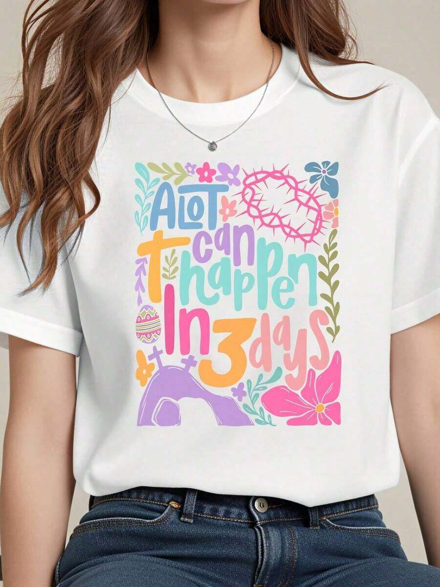 Easter Floral Print T-Shirt, Casual Style, Colorful Design With Cross, Crown And Eggs For Women, Clothing For Spring Parties And Outings - White - View 1