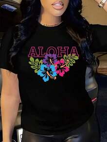 Simple And Versatile Design: Women's Hawaiian-Style T-Shirt, Casual, Adorned With Colorful Hibiscus Leaf Patterns, Short Sleeves, And A Round Neck, Suitable For Spring And Summer, Unisex, Available In Sizes S To XXXL. Black Cotton T-Shirt - 黑色 - 查看 1
