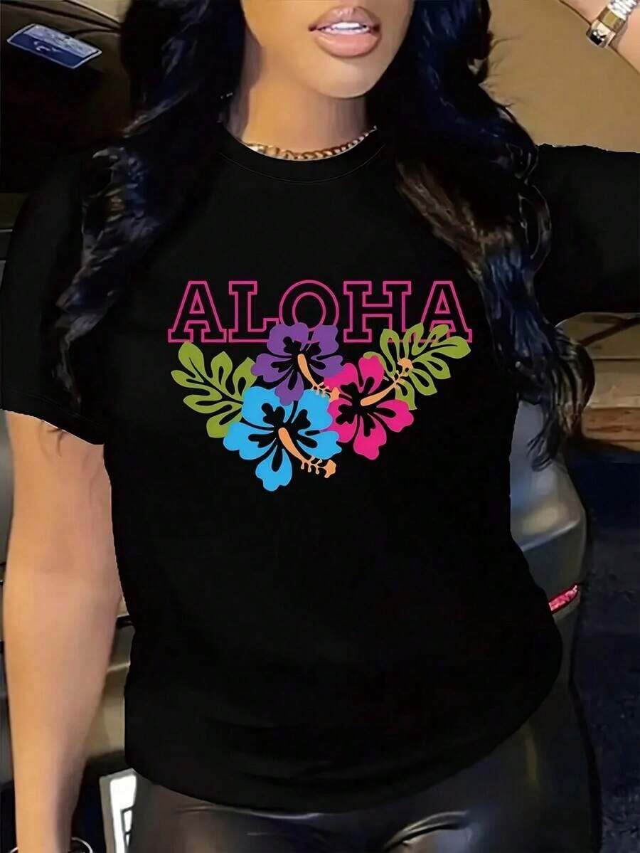 Simple And Versatile Design: Women's Hawaiian-Style T-Shirt, Casual, Adorned With Colorful Hibiscus Leaf Patterns, Short Sleeves, And A Round Neck, Suitable For Spring And Summer, Unisex, Available In Sizes S To XXXL. Black Cotton T-Shirt - 黑色 - 查看 1