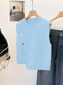 1 pieza Chaleco sin mangas de punto de unicolor con cuello redondo corto, diseño asimétrico con botones, accesorio de moda, chaleco versátil de punto para el verano - Celeste - Ver 3
