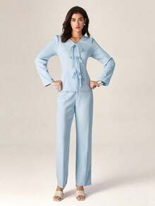 Conjunto de 2 piezas de top de manga larga con diseño de lazo elegante y pantalones rectos de cintura alta, color azul - Azul - Ver 4