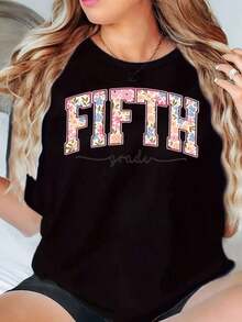 Camiseta Casual Blanca de Cuello Redondo para Mujer con Estampado Floral FIFTH Grade, Top Casual de Verano - Negro - Ver 6