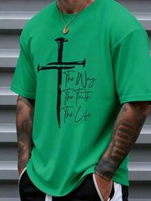 Men's Christian Faith Graphic T-Shirt - Way, Truth, Life Cross Design, 100% Cotton, Breathable Short Sleeve T-Shirt, Suitable For Casual And Outdoor Wear In Spring And Summer, Religious Theme Clothing, Bold Comfortable Style Graphic T-Shirt, Christian T-Shirt - Unisex Plus Size Top - 綠色 - 查看 7