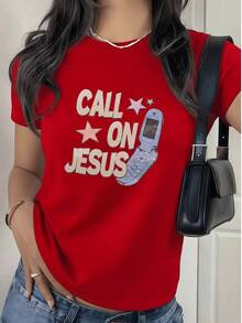 Fashionable Women's T-Shirt, Women's T-Shirt With Retro Telephone And Star Print, Modern Cut, Soft And Comfortable Fabric. 100% Cotton, Ideal For Casual And Original Looks. - 紅色 - 查看 7