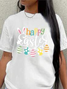Short-Sleeved Polyester T-Shirt Decorated With Festive Easter Motifs, Egg And Bunny Ear Prints; Lightweight And Durable, Suitable For Spring Celebrations, Ideal For Both Indoor And Outdoor Wear, Festive Clothing For Adults. Casual Women's Blouse - 白色 - 查看 1