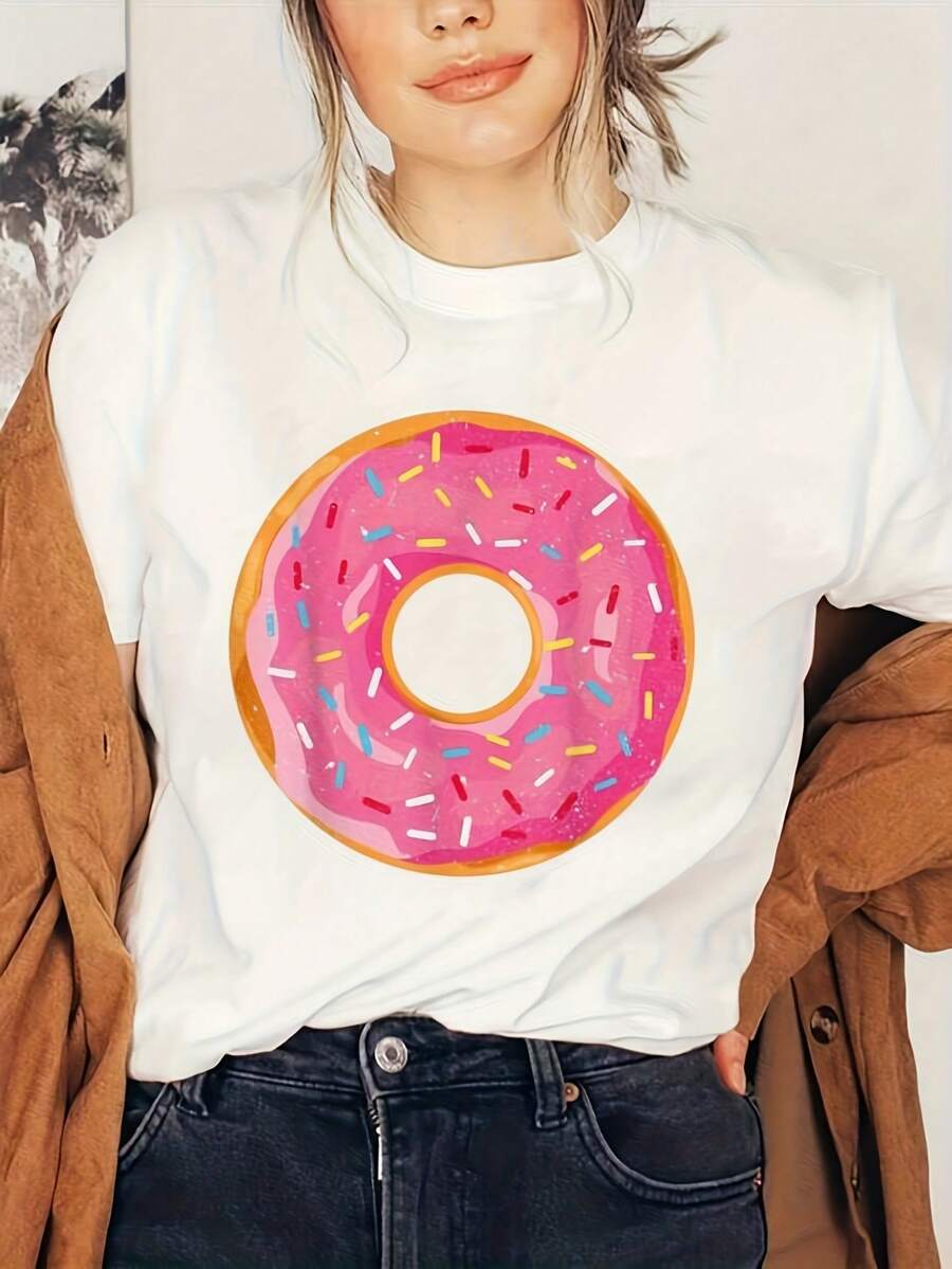 Camiseta de Mujer Camiseta Donut | Camiseta Gráfica para Mujer con Diseño Creativo, Manga Corta, Adecuada para Primavera y Verano - Blanco - Ver 1