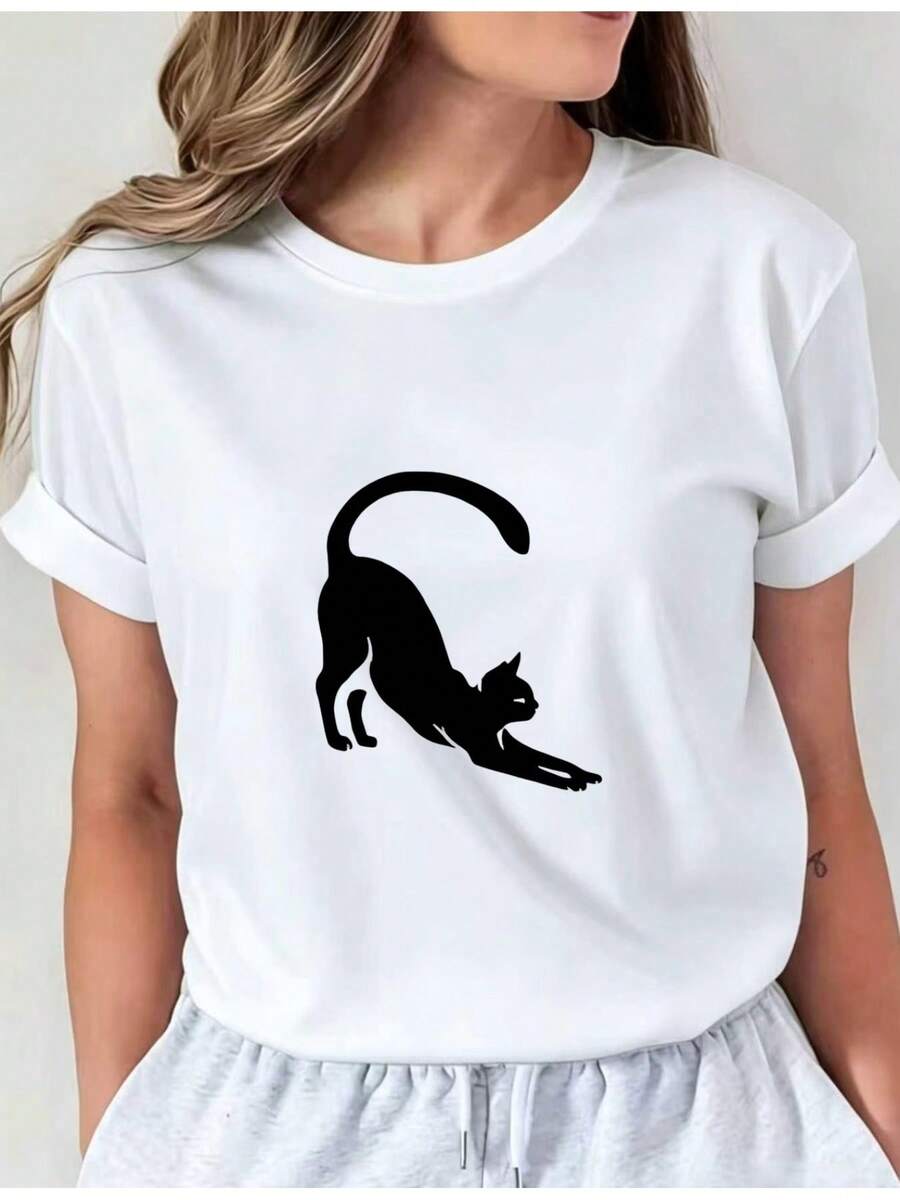 Camiseta Deportiva Casual para Mujer con Gráfico de Silueta de Gato Agachado - Camiseta Elástica y Suave de Cuello Redondo, Lavable aáquina, Ajuste Cómodo para Todas las Estaciones, Prenda Versátil para un Look Relajado y Estiloso. - Blanco - Ver 1