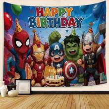 1pc M-Arvel Superheroes Birthday Tapestry, Cute Cartoon S Pider Man, I-Ron Man, C Aptain A Merica, H Ulk & Thor Team, Backdrop With 'Happy Birthday' Cake Graphic, Balloons & Party Cones, Vibrant Comic Style Wall Hanging For Party Decor, Photo Booth Props, Home Celebration Decoration, Epic Pop Culture Themed Event Supply - Xem 1