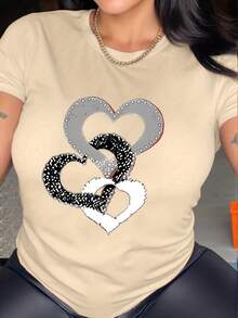 Nueva camiseta de manga corta para mujer, primavera/verano 2025, sencilla y elegante con estampado de anillos en forma de corazón, camiseta versátil de cuello redondo para uso diario, diseño circular - fácil de lavar y mantener para el uso cotidiano. - Caqui - Ver 13