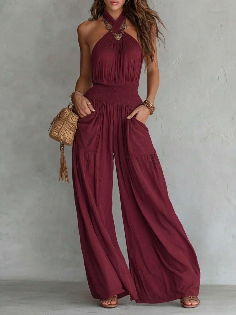 Mono de pierna ancha sin mangas estilo bohemio con espalda descubierta, fruncido y bolsillos - Colorete - Ver 1