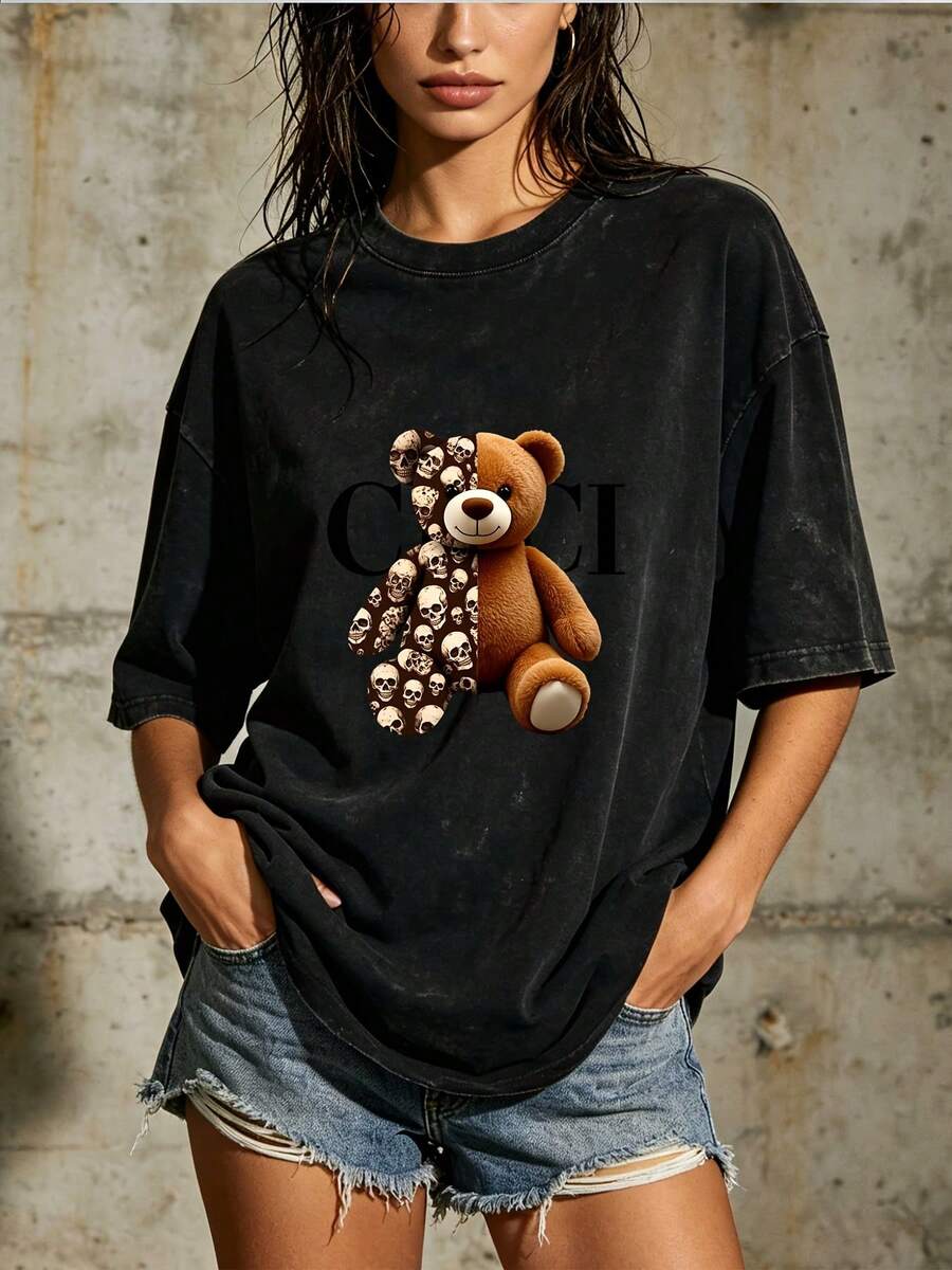 Camiseta de moda Skull Bear de 180g, adecuada para reuniones familiares y como regalo, perfecta para actividades de team building en la empresa, fiestas temáticas de programas de televisión, Halloween, Navidad, ligera y cómoda, unisex. 7PUW - Negro - Ver 1