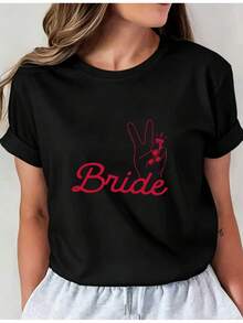 Camiseta Deportiva Casual para Mujer con Gráfico de Novia y Diseño de Conejo con Flores - Camiseta Negra Elástica de Cuello Redondo, Lavable aáquina, Ajuste Cómodo, para Todas las Estaciones. - Negro - Ver 6