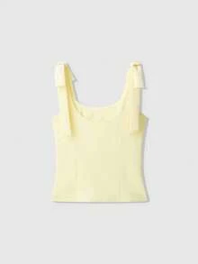 2026 Nuevo Top casual sin mangas con cuello redondo oversize en color amarillo mantequilla con decoración de lazo - Negro - Ver 7