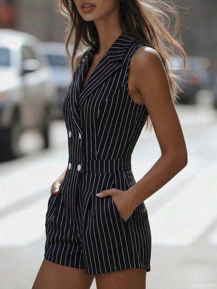 Elegant Sleeveless Striped Jumpsuit For Women - Black - View 1