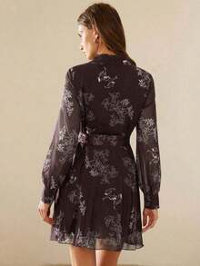 Vestido con estampado de flores, botones delanteros y cinturón para vacaciones de mujer - Cafetería - Ver 2