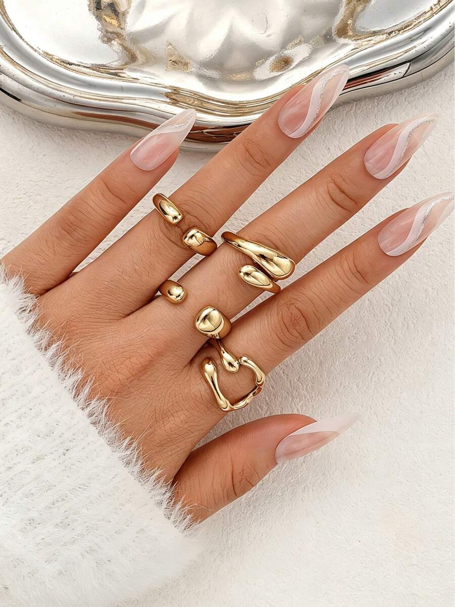 Bộ 4 chiếc nhẫn bất đối xứng bằng chất liệu đồng lỏng mạ vàng, thiết kế tối giản thời trang, phù hợp cho nữ giới vào mùa hè, kỳ nghỉ, tiệc tùng, sinh nhật và đeo hàng ngày. - Vàng - Xem 1