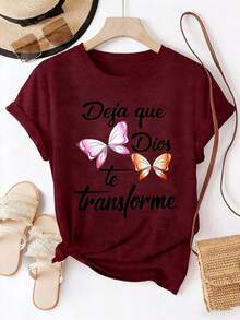 Women's Christian Butterfly Graphic Short Sleeve T-Shirt With Inspirational Text Print In Spanish, Casual Summer Crew Neck Top, Versatile Religious And Bohemian Style Clothing X9VJ - 酒紅色 - 查看 6