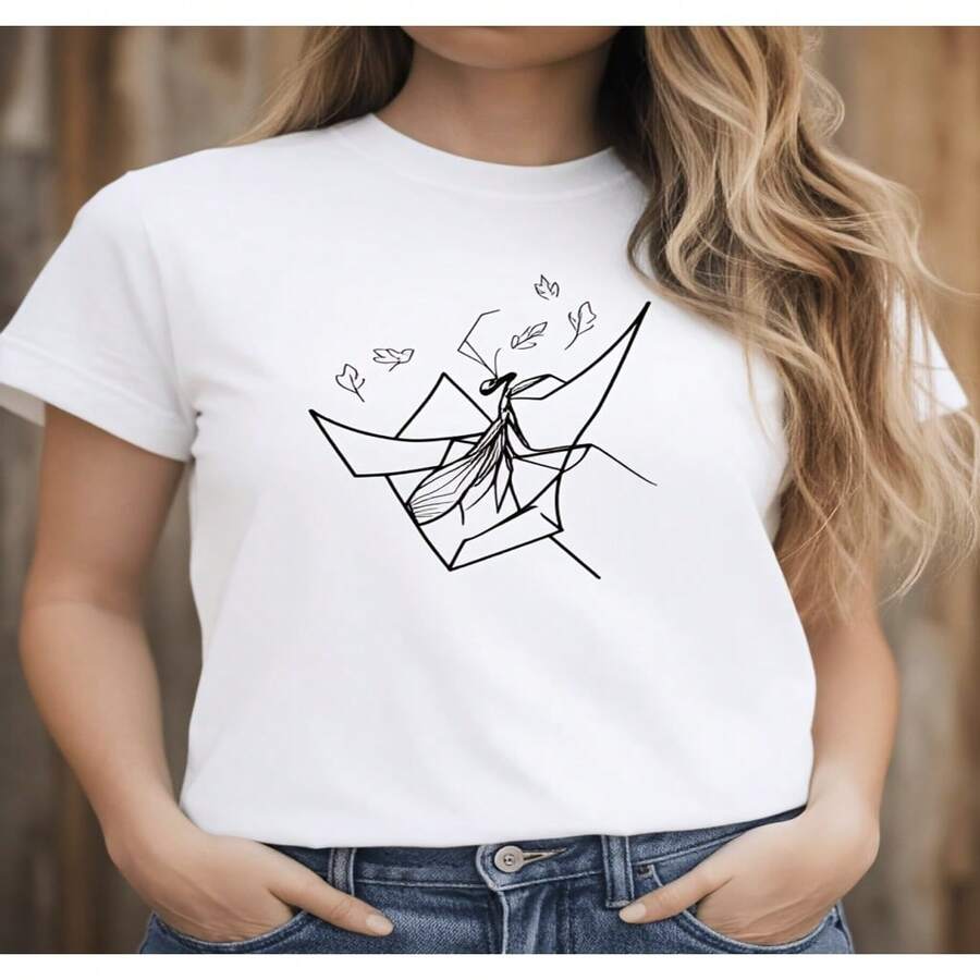 Camiseta casual para mujer con Diseño de insectos origami, ideal para amantes de la naturaleza, ropa de verano para exteriores, camiseta 2D para mujer, Diseño casual holgado, ligeramente extendida S-XXXL - Blanco - Ver 1